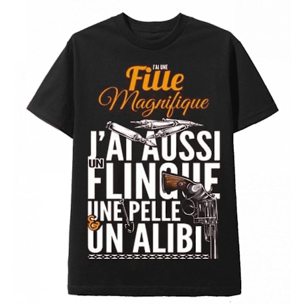 T-shirt för män, svart, \"Jag har en fantastisk dotter och ett alibi\" M