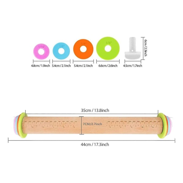Justerbar trerullende kjevle med avtakbar ring, deigrull, for baking, pizza og kjeks, husholdningssett
