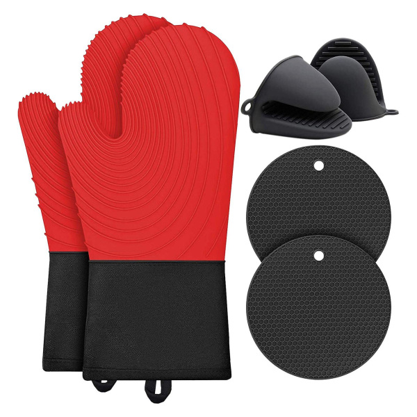 Silikon värmebeständiga handskar + 2 koppar värmematta Röd