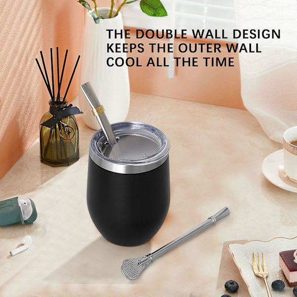 Yerba-tekopp-set 12oz, Dubbelväggig Rostfritt Stål Kaffe Mugg med Lock 2 Bombillas Sugrör & Bru