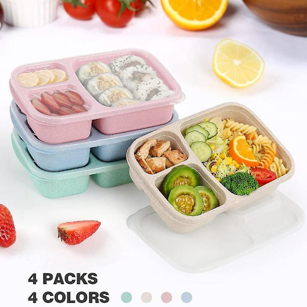 4-pack Lunchbox, 3-fack Meal Prep Behållare, Barnlunchbox, Återanvändbar Matförvaring