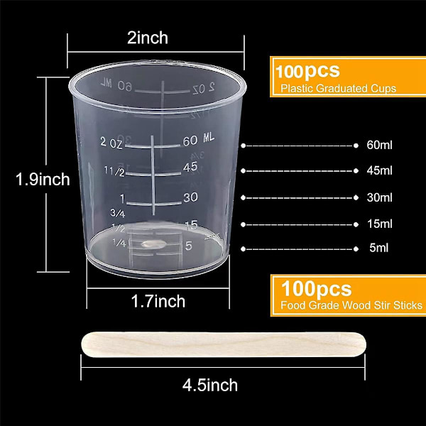 100 Pakk 60ml/2oz Plast Graderte Kopper Klar Epoxy Blanding Kopper Med 100 Stk