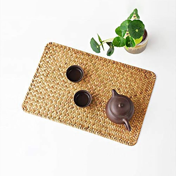 6-pak, Naturlige Havgress Underlag, 45cm x 30cm, Håndvevde Rektangulære Rattan Underlag