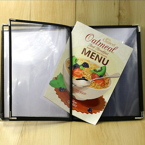 2 ark A4-format boktyp cafébar transparent restaurang menyomslag 10 sidor 20 vyer och 8 sidor
