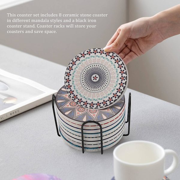 Dryckesunderlägg, set med 8 absorberande stenunderlägg för träbord, mandala keramiska underlägg