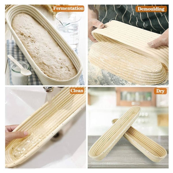 2X Oval Brødhevingskurv Baking Bowl Sett med Deigskrape Linstoff Fôr Silikon