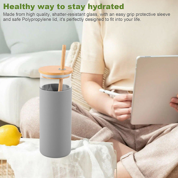 17Oz Lasinen Tumbler Kannettava Lasinen Vesi Pullo Olki Silikonikuori Bambu Kansi-Harmaa