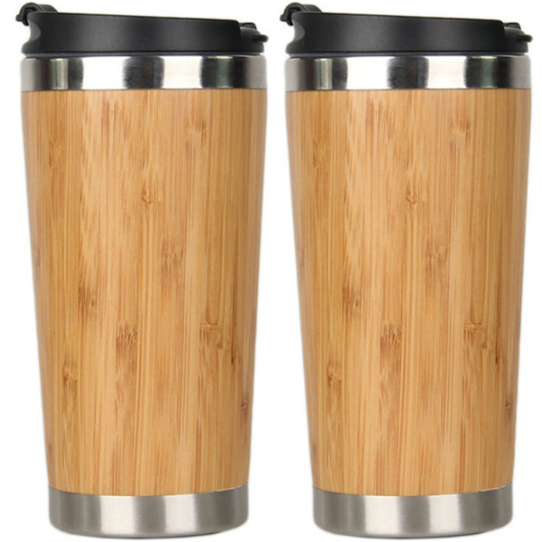 2 st 450 ml Bambus Kaffekoppar Rostfritt Stål Resemugg med Läcksäker Lock Isolerad Kaffe