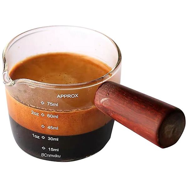 Glas Målebæger Espresso Lille Kop 75ml Tre Doser Barista Enkelt Tud Træhåndtag