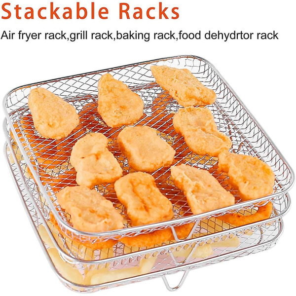 8 Tommer Airfryer Stativ Kvadrat Tre Stabelbare Stativer, Rustfrit Stål Multi-Lag Dehydrator Stativ, Airfryer Tilbehør