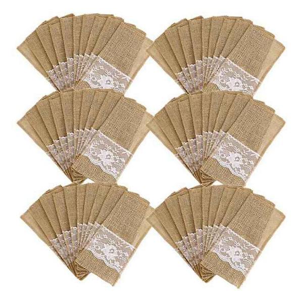 100 st Burlap Spets Bestickpåse Rustik Bröllop Bestickhållare Påse Hessian Jute Bord