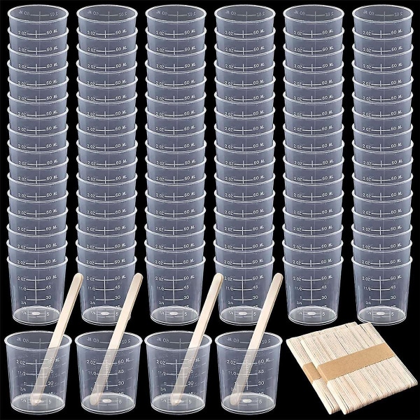 100-pack 60 ml/2 oz Plastmätkopp med gradering, klar, för blandning av epoxi, med 100 st