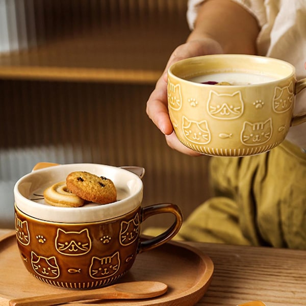 Kreativ keramisk kaffekopp med lock söt katt porslinskopp familjefrukost mjölk juice kopp Bevera
