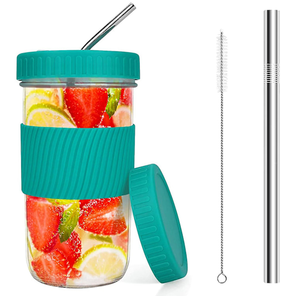 22oz Genanvendelige Boba Kopper Mason Glas med Låg og Sugerør - Mørkegrøn
