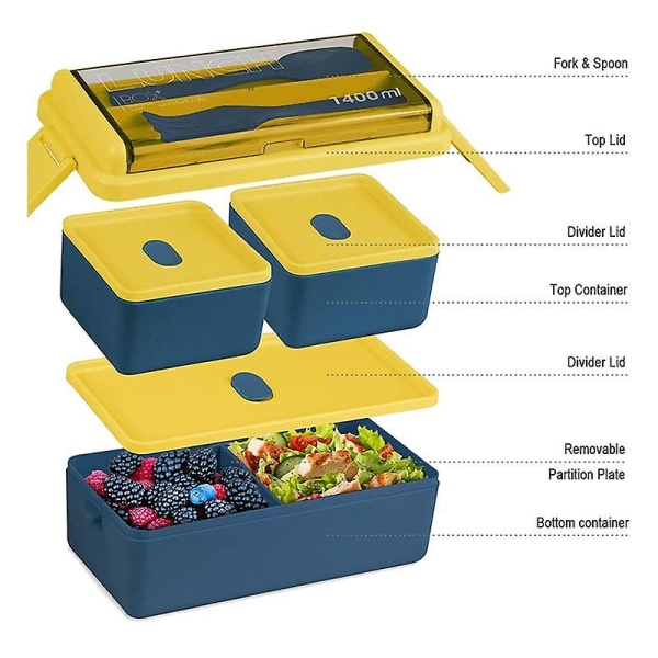 Lunchbox-set, 1400 ml Lunchbox för Vuxna, 3 Fack, Matlåda för Förberedda Måltider