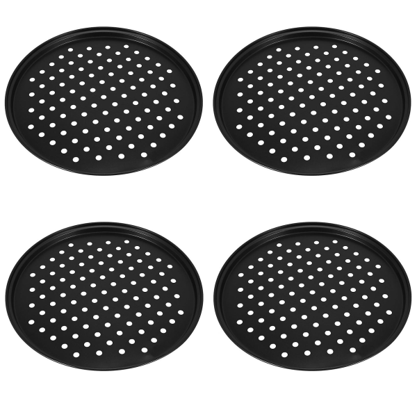 4X 10 inch personal perforated pizza pan black carbon steel with non-stick coating, easy to clean pi