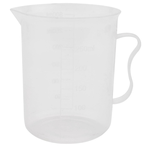 Laboratoriemätkopp i transparent vit plast, 250 ml kapacitet