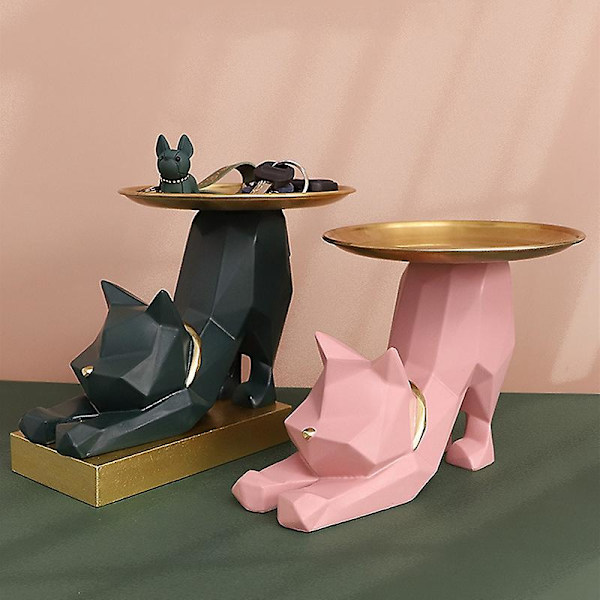Geometrisk Kat Resin Holder Hjem Smykke Plade Nøgle Opbevaring Bakke - Pink