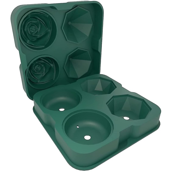 Ice Cube-bricka, 2,5 tums iskub molds, 2 hålrosor och 2 Diamond Ice Ball Maker Green