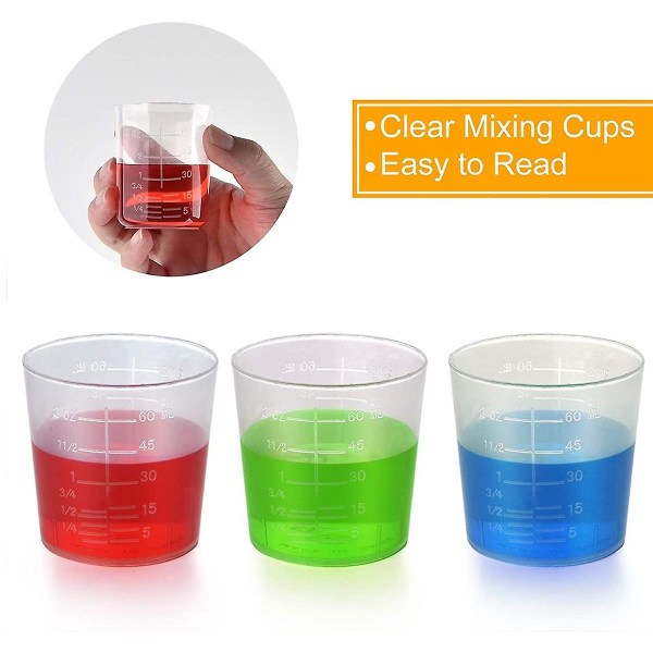 100-pack 60 ml/2 oz Plastmätkopp med gradering, klar, för blandning av epoxi, med 100 st