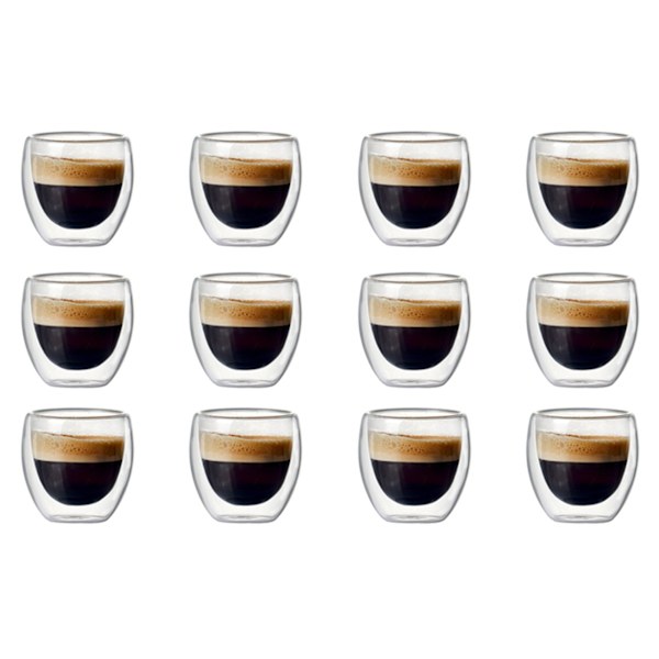 12 sett med 80 ml dobbelveggholdige glasskaffebegersett for å drikke te, kaffe, drikkebeger