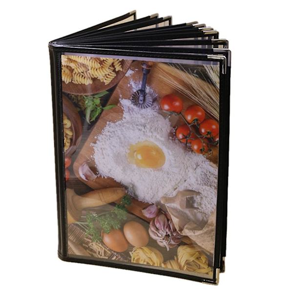 2 ark A4-format boktyp cafébar transparent restaurang menyomslag 10 sidor 20 vyer och 8 sidor