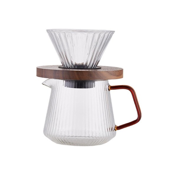 Kaffe-droppset med serveringskanna, kaffebryggare, kopp, v02, glaskaffefunnel