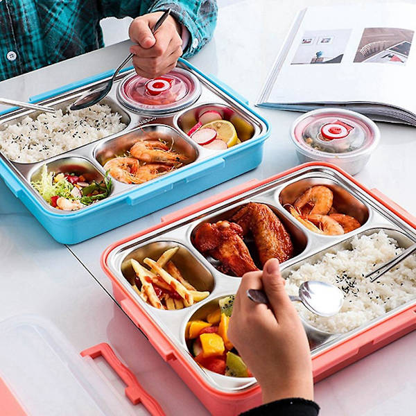 Lunchbox i rostfritt stål med 5 fack, läcksäker, soppbehållare, skolmiddag