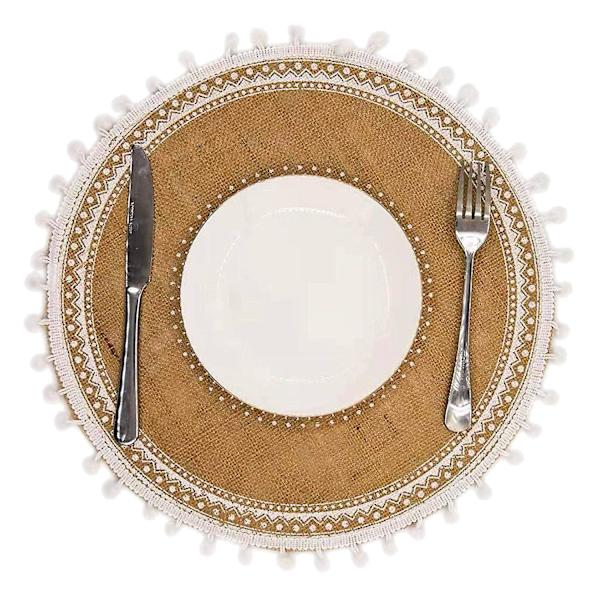 Sæt med 4 Runde Bordskånere, Boho Flettet Jute Bordskånere med Pompom-Kvaster til Restaurant Køkken