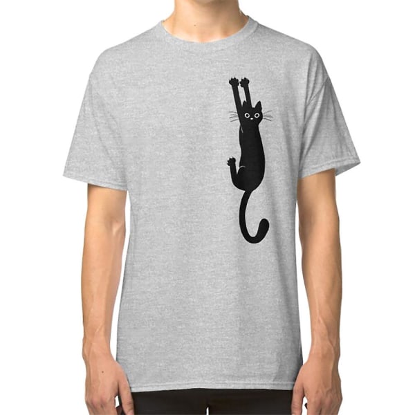 T-shirt med sort kat, der holder fast grey S