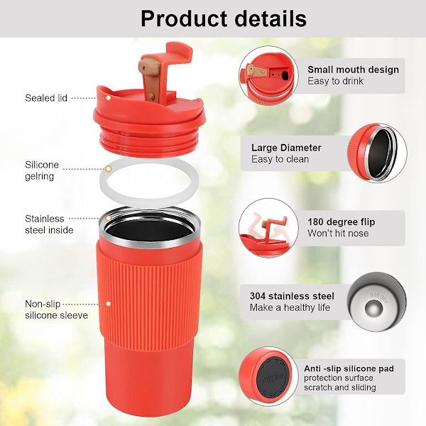 Termosmugg, 500ml Kaffeemugg, Rostfritt Stål Resemugg, Dubbelväggig Isolerad, Bilkaffeemugg