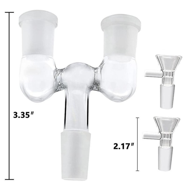 Glassrør Adapter, 2 stk 14mm Hane til Dobbel 14mm Hunn Adapter med 4 stk 14mm Klar Glass Trakt