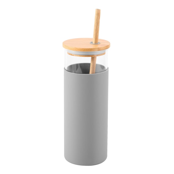 17 oz glasglas bärbar glasvattenflaska halm case bambu lock-grå