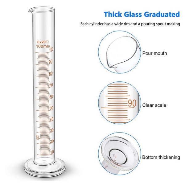 2 sett med tykke glassgraderte sylindere, glass med 4 børster