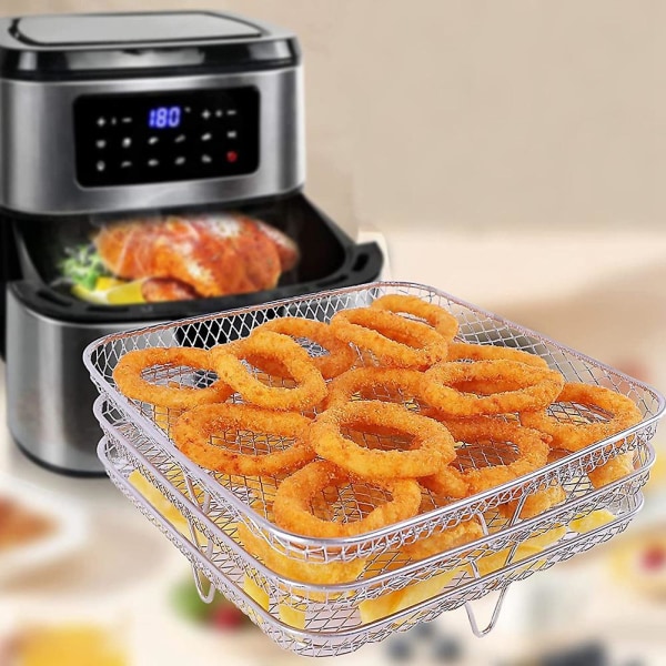 8 Tommer Airfryer Stativ Kvadrat Tre Stabelbare Stativer, Rustfrit Stål Multi-Lag Dehydrator Stativ, Airfryer Tilbehør