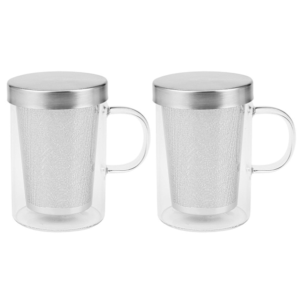 2 st 500 ml Reseförpackning Pyrex Infuser Mugg med Rostfritt Stål Lock Kaffe Mugg Tumbler