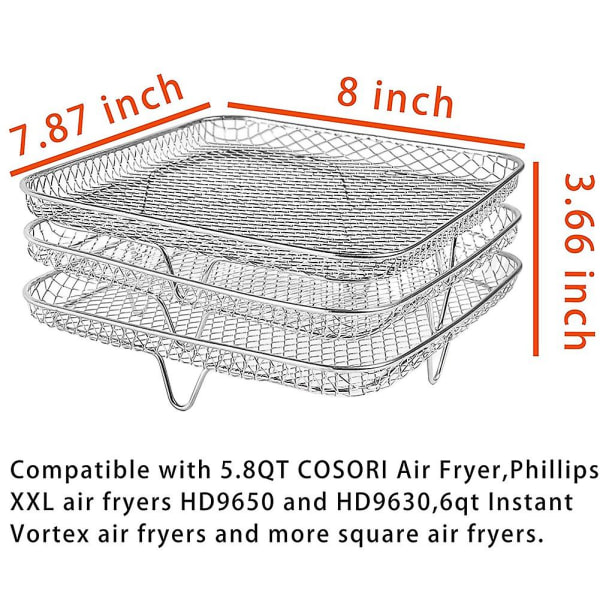 8 Tommer Airfryer Stativ Kvadrat Tre Stabelbare Stativer, Rustfrit Stål Multi-Lag Dehydrator Stativ, Airfryer Tilbehør