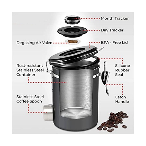 Lufttett krukke for kaffebønner i 304 rustfritt stål, te, tørket frukt, oppbevaringskrukke med skje, 1,2 L