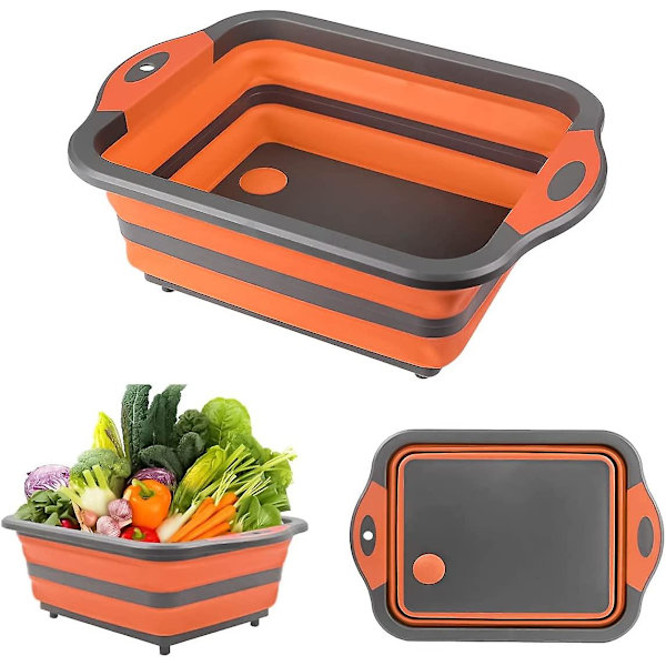 4-i-1 hopfällbar diskho och plastskärbräda, hopfällbar campingdiskho, grön Lh-1 orange