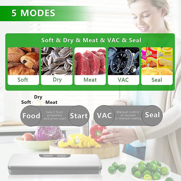 Vacuum Sealer, Food Vacuum Sealer för matkonservering med 15 förseglingspåsar