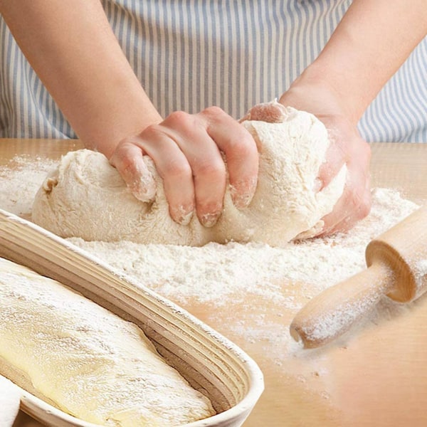2X Oval Brødhevingskurv Baking Bowl Sett med Deigskrape Linstoff Fôr Silikon