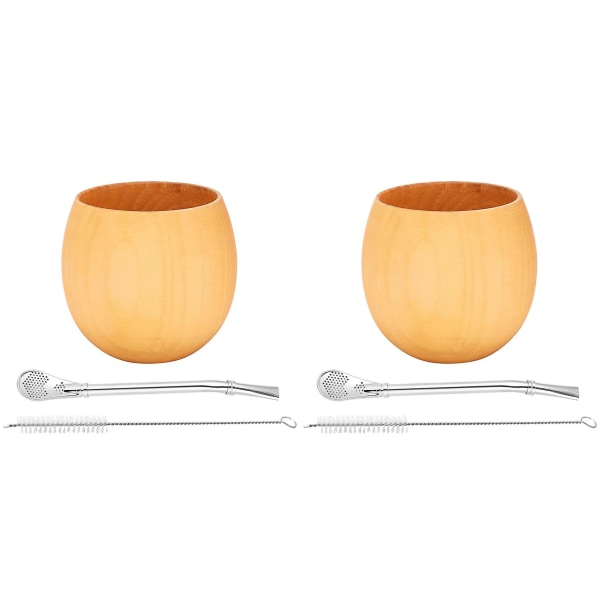 2X Tresett med Yerba Mate-Krus i Tre, Naturlig Tre, Kaffe, Vann, Mate-Krus med Skje, Strå og Klokke