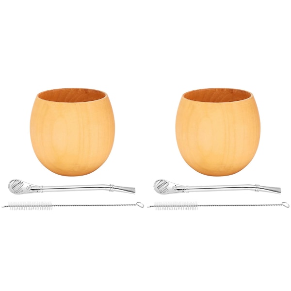 2X Wooden Yerba Gourd Mate Tea Set Natural Wood Coffee Water Mate Cup with Spoon Straw Bell