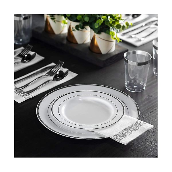 Vita Plasttallrikar med Silverkant, Middagstallrik och Dessert/Förrätt - Elegant Premium Tunga Serveringstallrikar
