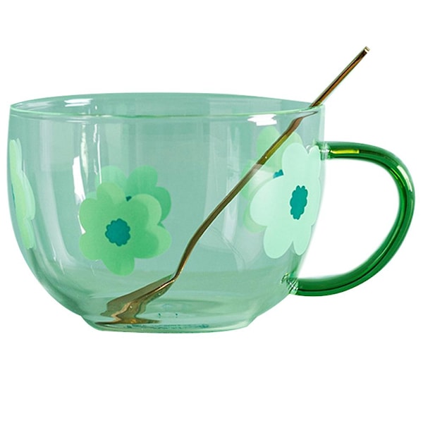 500 ml Glasmjölkmugg med blommönster, sked Grön