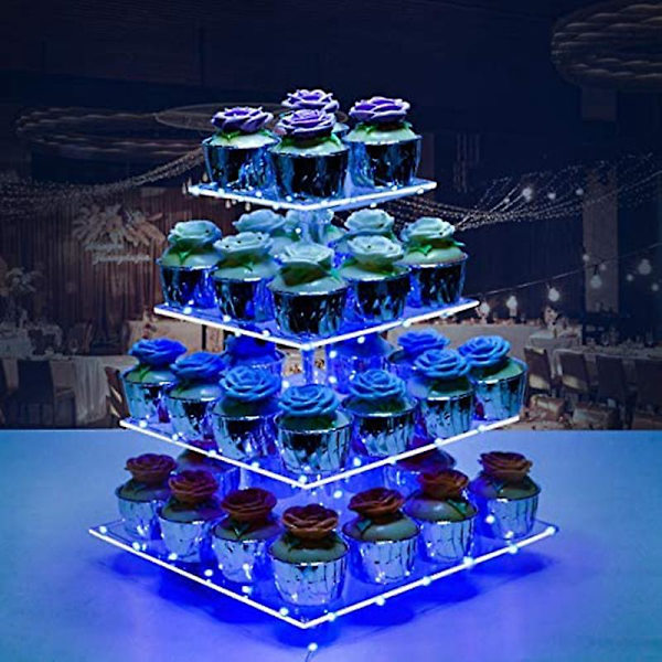 4-vånings Cupcakesställ Akryl Cupcakes Display Ställ Dessert Serveringstorn Med LED-lampor