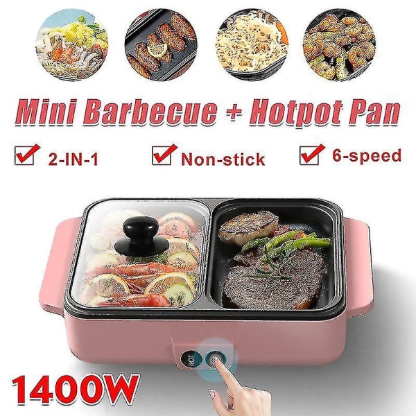 2 i 1 Elektrisk Hot Pot Grill Elektrisk BBQ Grill Kokeapparat Multifunksjonell Røykfri Non-Stick Plate Grillpanne Hot Pot 220v Black