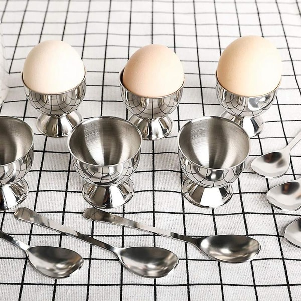Eggkopp i rustfritt stål, sett med 12, inkluderer 6 eggkoppholdere og 6 eggeskjeer