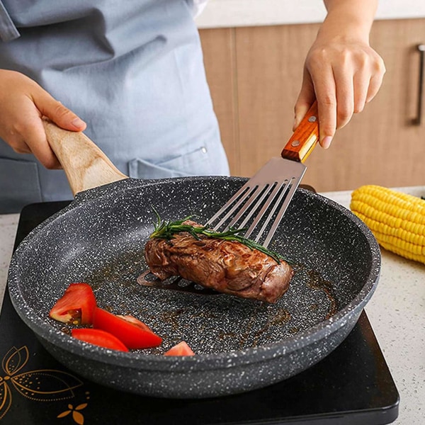 2 st. rostfritt stål fiskspatel, trähandtag fiskspatel, spatel med hål, kök gaffeltruck