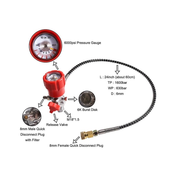 CO2 Tank Komprimeret Luft DIN Ventil Måler og Fyldestation, 6000 Psi Højtryk, 6mm Hurtigkobling